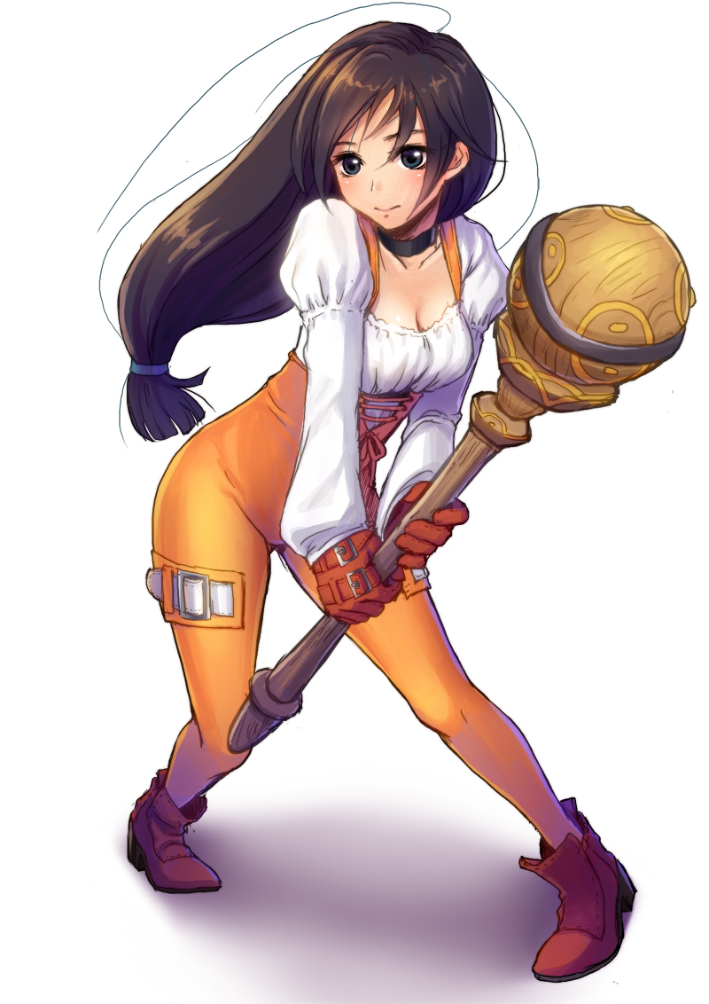 1girl, blouse, blue_eyes, bodysuit, boots, breasts, brown_hair, choker, cleavage, closed_mouth, collarbone, final_fantasy, final_fantasy_ix, full_body, garnet_til_alexandros_xvii, gloves, holding_staff, juliet_sleeves, leaning_forward, long_hair, long_sleeves, looking_away, low-tied_long_hair, mondi, orange_bodysuit, pigeon-toed, puffy_sleeves, shadow, solo, staff, standing, thigh_strap