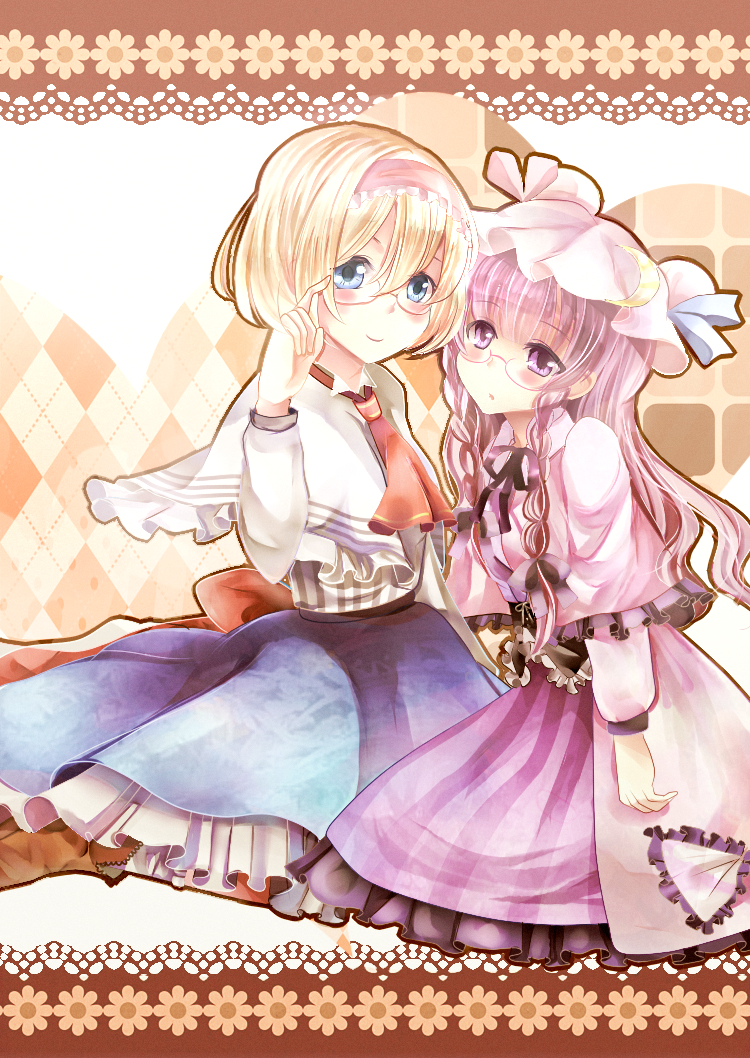 alice_margatroid, aliprojectlove, bespectacled, blonde_hair, blue_eyes, braid, capelet, crescent