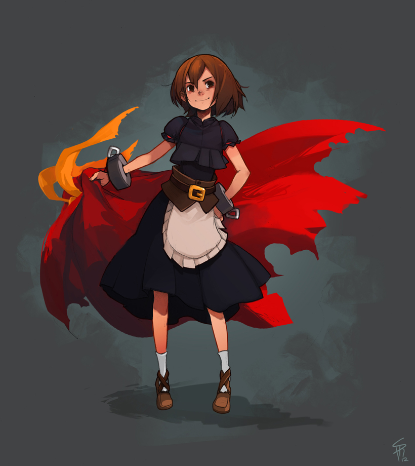 apron, black_dress, brown_hair, cloak, cuffs, dress, everafter, grimm's_fairy_tales, grimm's_fairy_tales, hand_on_hip, little_red_riding_hood, little_red_riding_hood_(grimm), manacles, red_(everafter), shaun_healey, shoes, short_hair, short_sleeves, signature, smile, socks, solo, standing