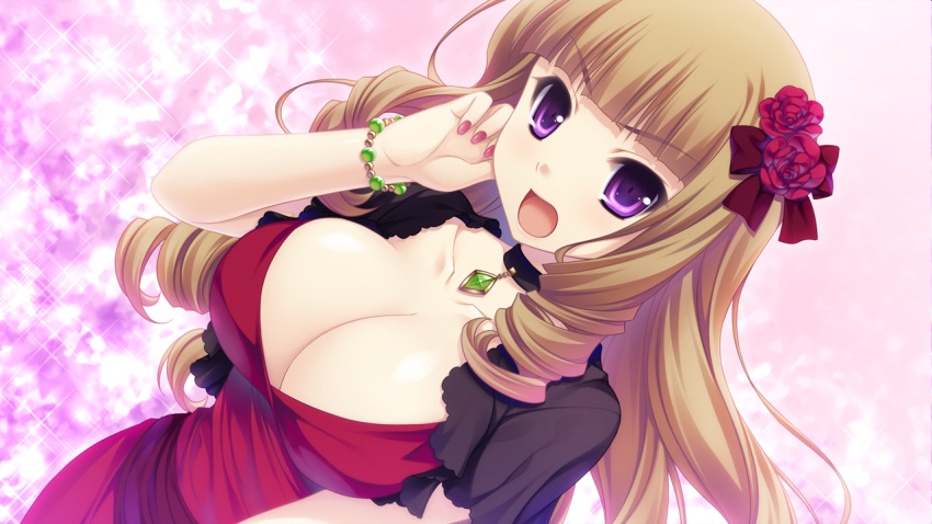 1girl, artist_request, breasts, brown_hair, character_request, choker, cleavage, collarbone