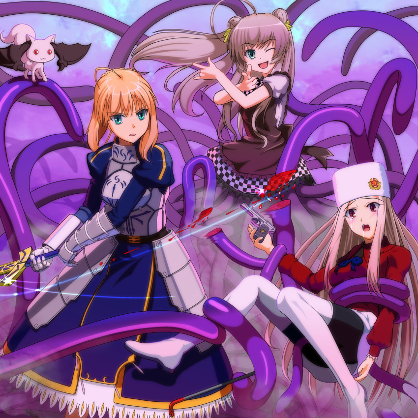 bat_wings, bishoujo_senshi_sailor_moon, blonde_hair, blood, checkered, checkered_skirt, crossover, crowbar