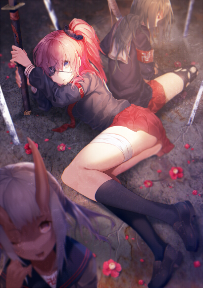 black_hair, blue_eyes, eyepatch, holding, horns, lying, multiple_girls, on_side