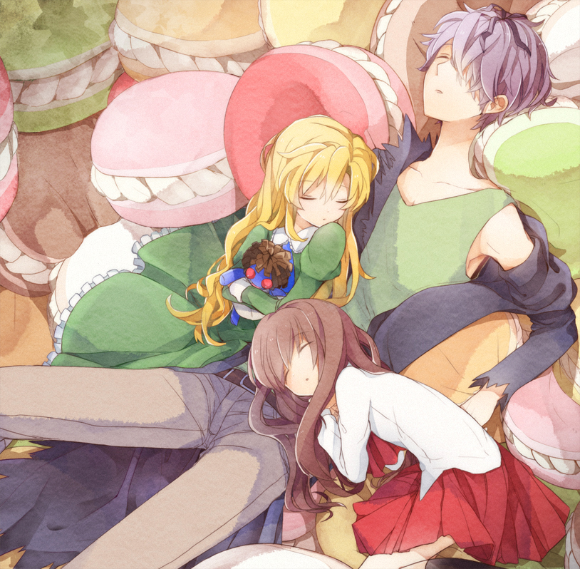 2girls, blonde_hair, brown_hair, closed_eyes, coat, collarbone, doll, dress