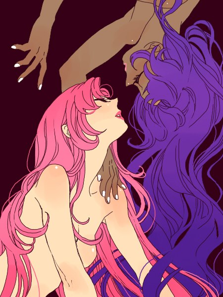 ateka, bare_shoulders, dark_skin, hand_on_shoulder, himemiya_anthy, lips, long_hair, multiple_girls