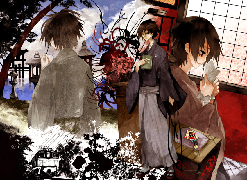 bad_id, bandages, black_hair, book, cloud, flower, fuura_kafuka, glasses, green_eyes, itoshiki_nozomu, japanese_clothes, kimono, mercre, red_eyes, sandals, sayonara_zetsubou_sensei, short_hair, train, tree, window