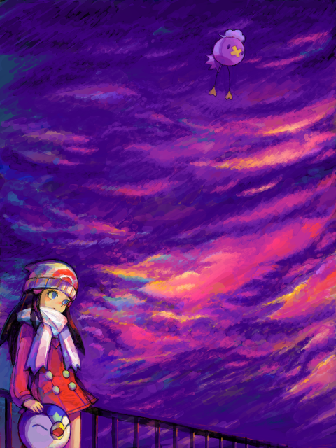 1girl, black_hair, dark, dress, drifloon, hair_ornament, hat, hikari_(pokemon)