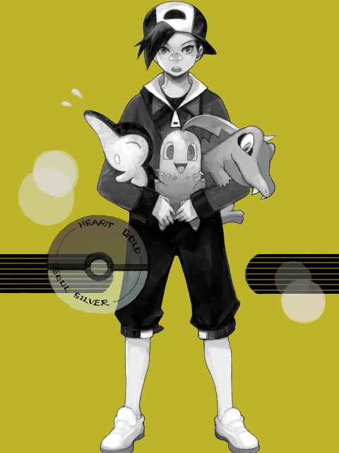 1boy, bandaid, baseball_cap, black_hair, chikorita, cyndaquil, gold_(pokemon), gold_(pokemon)_(remake)