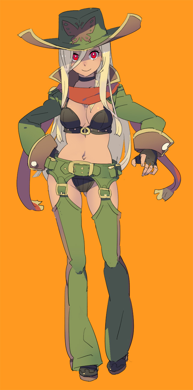 bikini, blonde_hair, breasts, chaps, cleavage, cowboy, cowboy_hat, fingerless_gloves