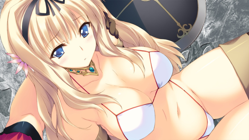 armor, bare_shoulders, bikini, bikini_armor, blonde_hair, blue_eyes, boots, breasts
