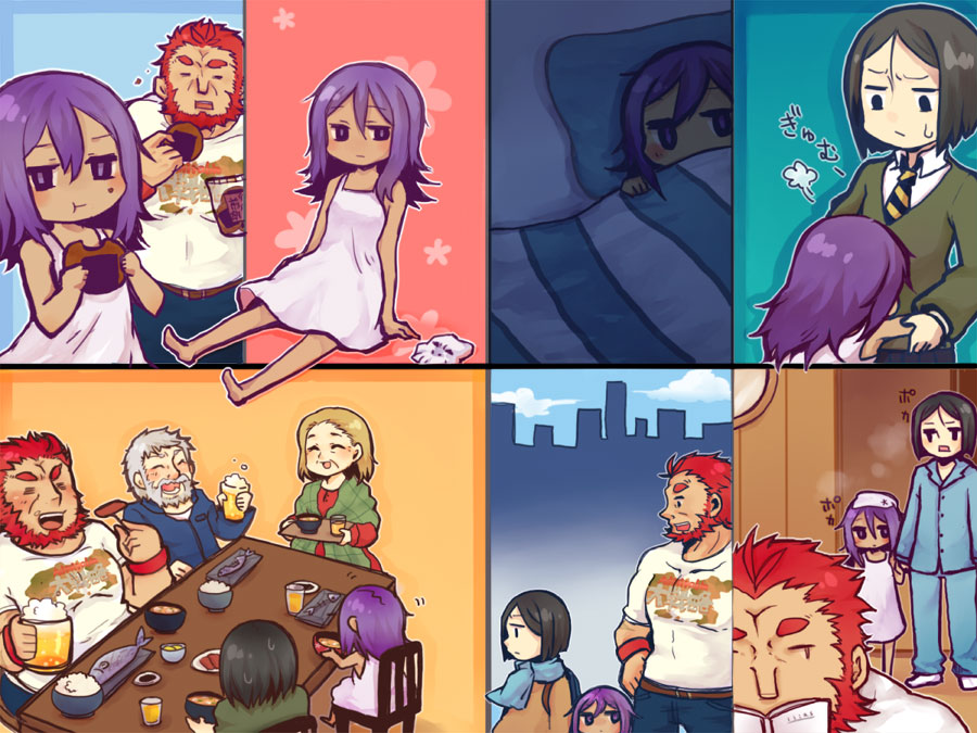 assassin_(fate/zero), beard, beer, black_hair, child_assassin_(fate/zero), cosmoninzin_trap, dark_skin, eating