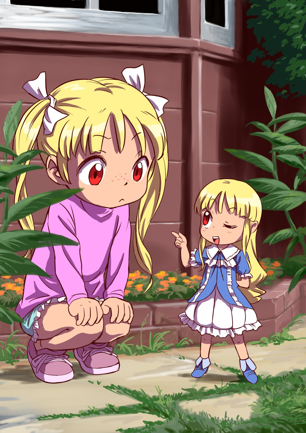 :<, blonde_hair, child, dress, freckles, highres, jkt_(sheltem), minigirl, multiple_girls, original, red_eyes, ribbon, shorts, squatting, twintails, wink