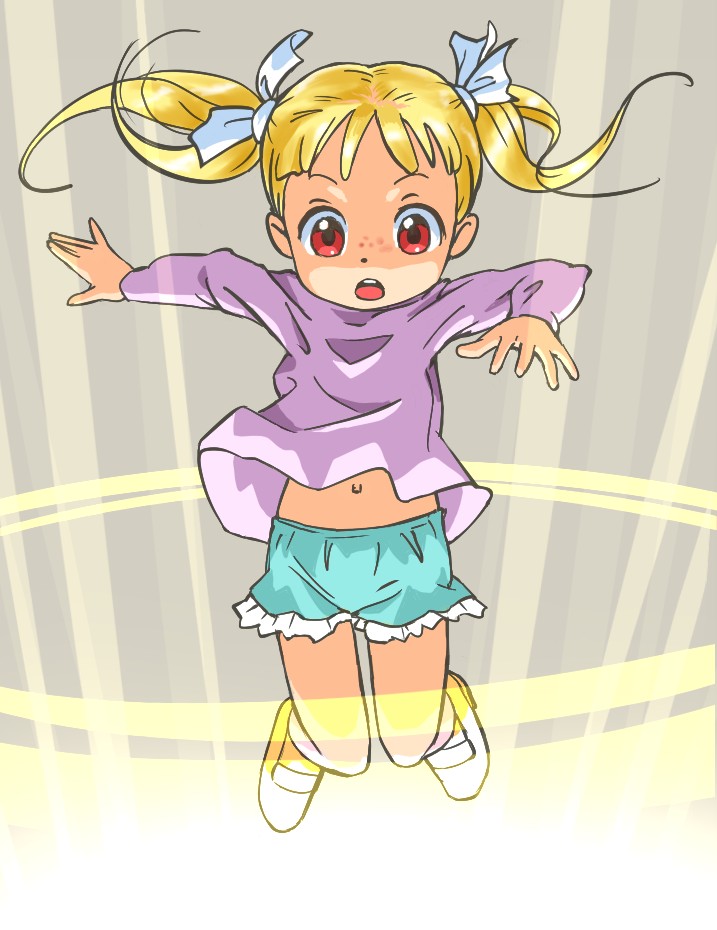blonde_hair, child, floating, freckles, jkt_(sheltem), navel, original, red_eyes, ribbon, short_hair, shorts, solo, twintails, wind_lift