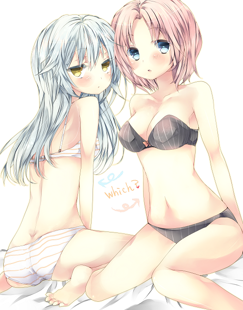 bed_sheet, black_bra, black_panties, blue_eyes, blush, bra, breasts, brown_hair
