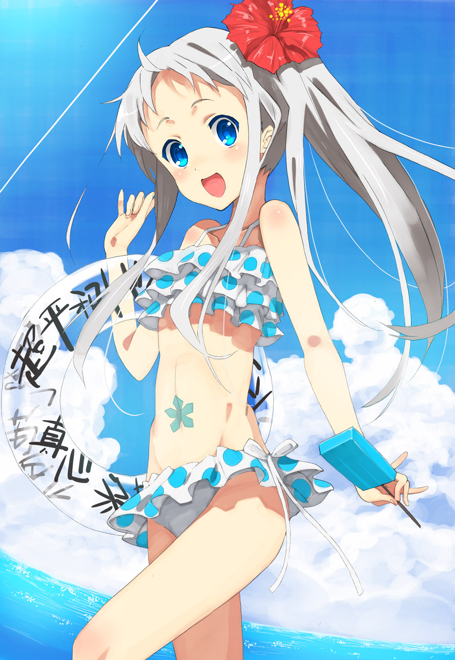 :d, alternate_hairstyle, ano_hi_mita_hana_no_namae_wo_bokutachi_wa_mada_shiranai, bare_shoulders, bikini, blue_eyes, blush, cloud, clouds, fisheye, flat_chest, flower, frilled_bikini, frills, hair_flower, hair_ornament, hibiscus, highres, honma_meiko, innertube, long_hair, looking_at_viewer, metallican, ocean, open_mouth, ponytail, popsicle, silver_hair, sky, smile, solo, swimsuit, translation_request