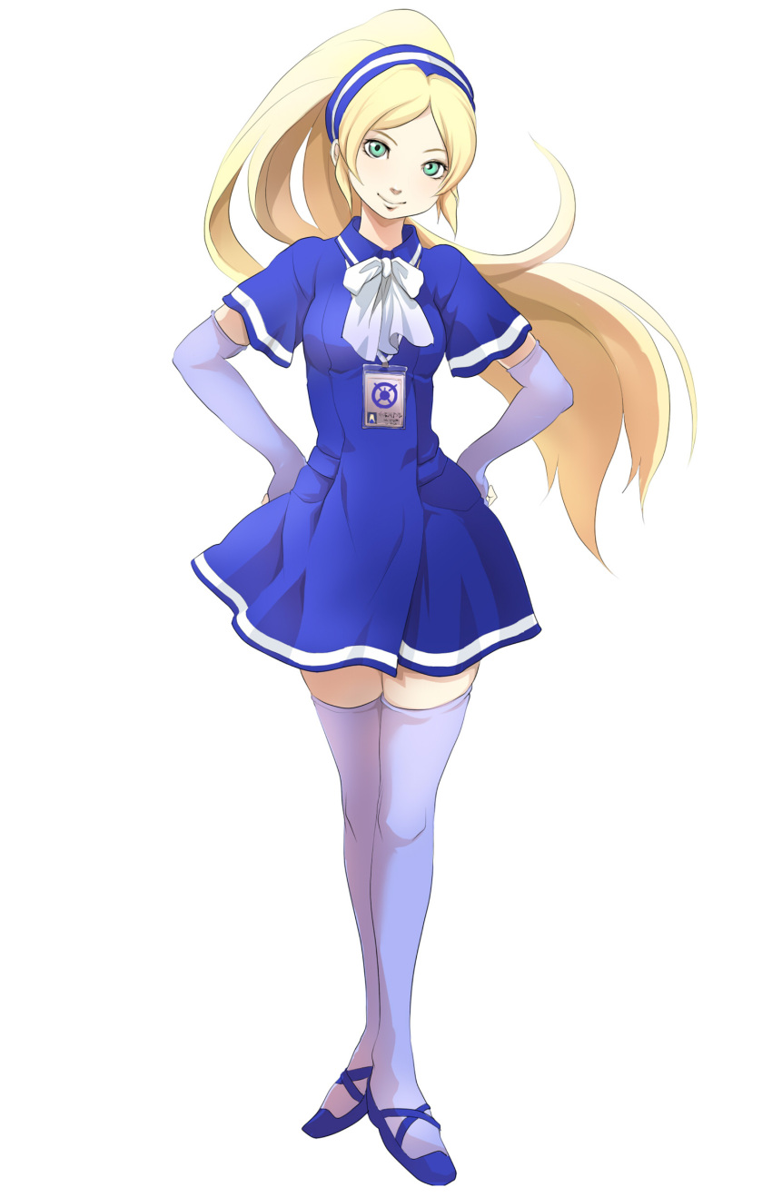 blonde_hair, chou_shittou_caduceus, elbow_gloves, fingerless_gloves, gloves, green_eyes, hands_on_hips, highres
