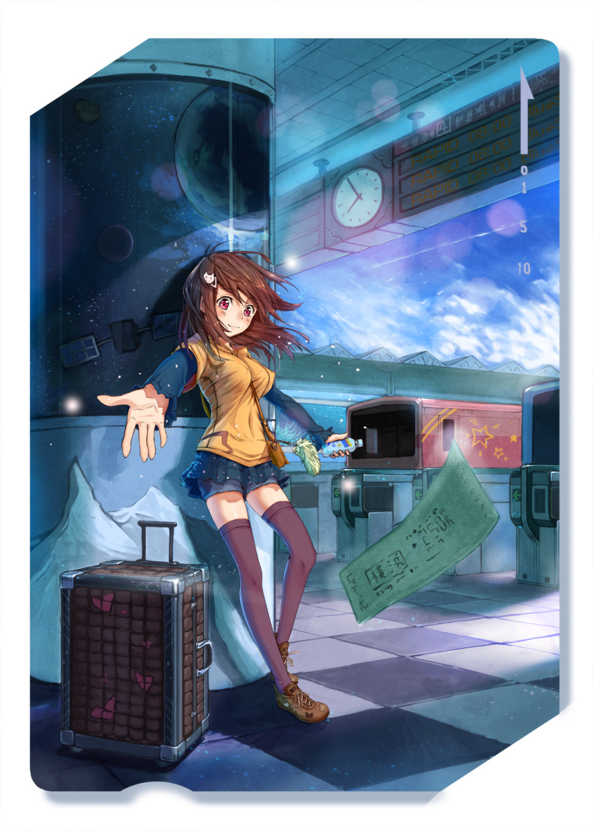 1girl, between_breasts, breasts, brown_hair, clock, cloud, fare_gate, female