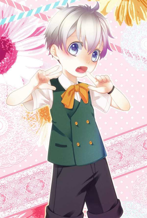 30-sai_no_hoken_taiiku, blue_eyes, blush, buttons, fang, grey_hair, macaron_(30-sai_no_hoken_taiiku), open_mouth