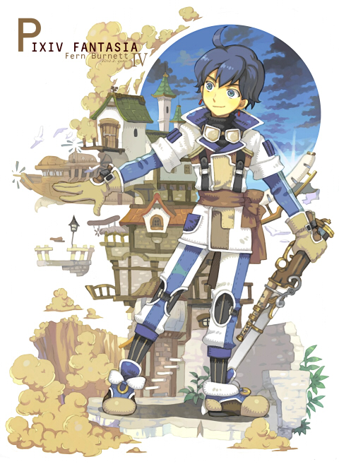 blue_eyes, blue_hair, fern_burnette, goggles, gun, lowres, patch, pixiv_fantasia