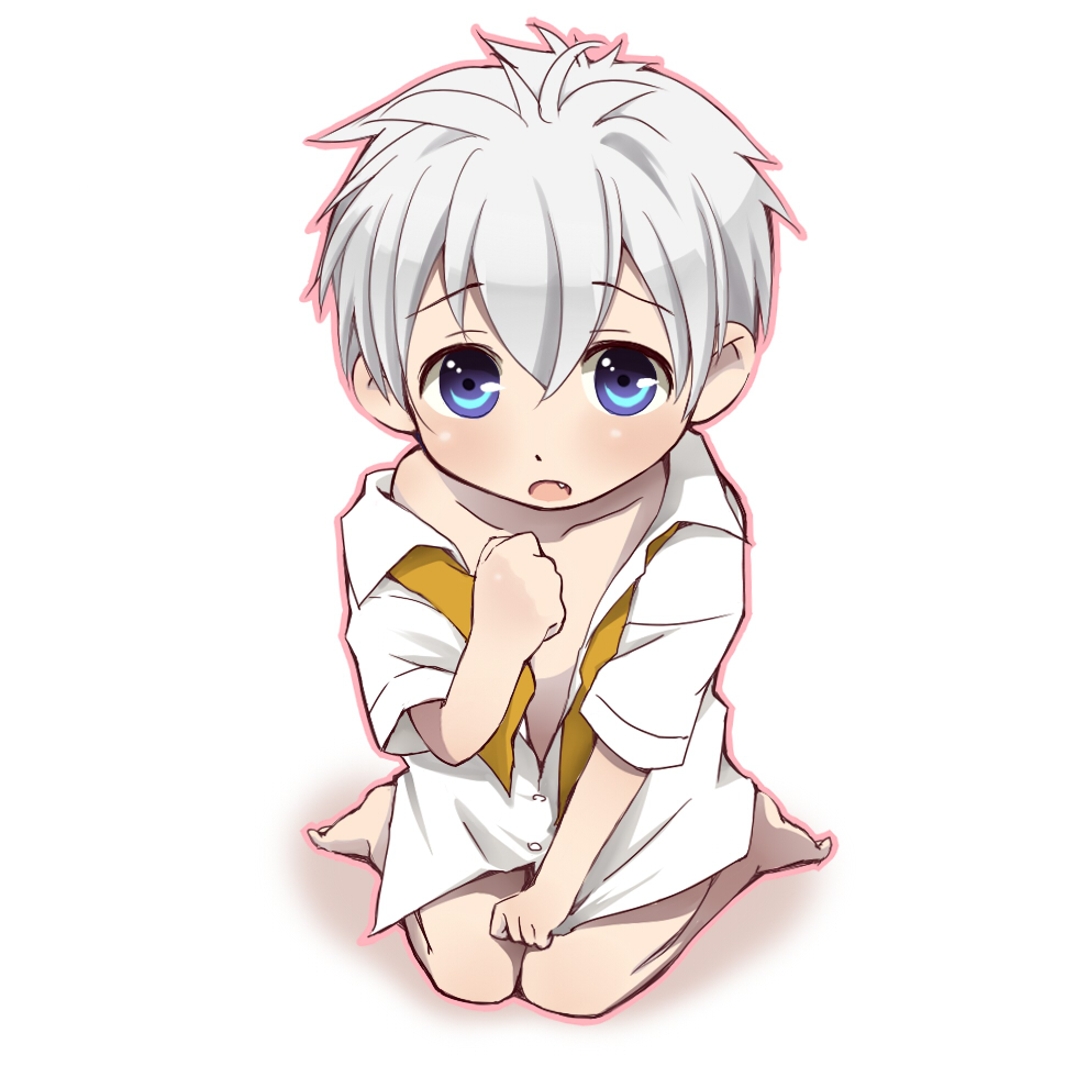 30-sai_no_hoken_taiiku, blue_eyes, blush, bottomless, fang, grey_hair, macaron_(30-sai_no_hoken_taiiku), naked_shirt