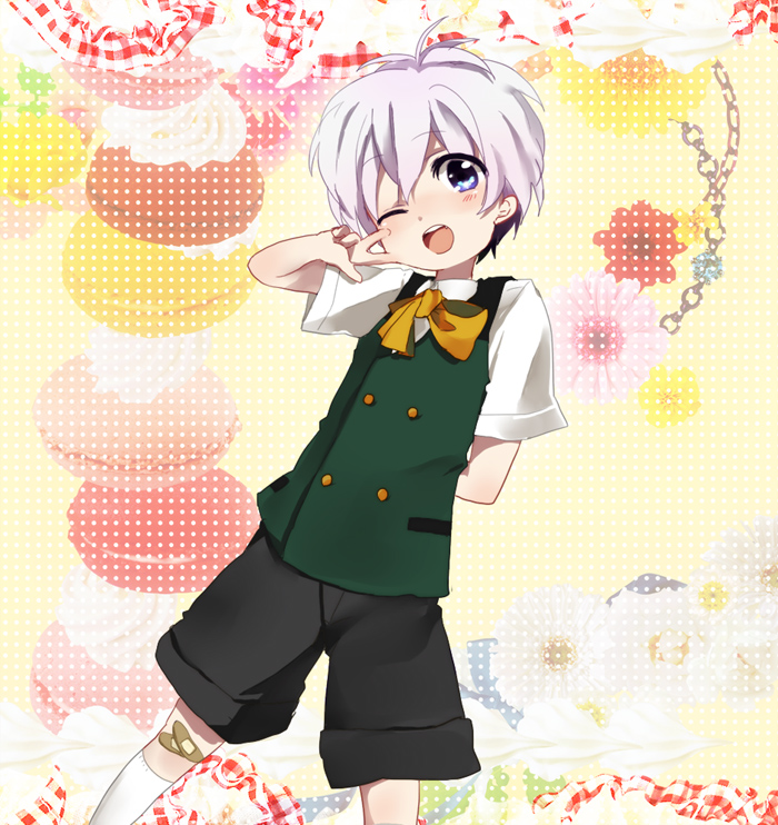 30-sai_no_hoken_taiiku, bandaid, blue_eyes, blush, buttons, fang, grey_hair, macaron_(30-sai_no_hoken_taiiku)
