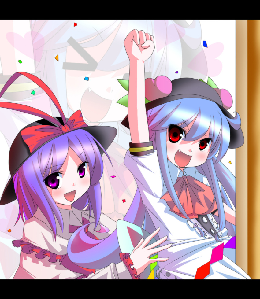 arm_up, blue_hair, fang, food, fruit, hair_ribbon, hat, highres, hinanawi_tenshi, letterboxed, long_hair, nagae_iku, open_mouth, peach, purple_eyes, purple_hair, ramutaizumu, red_eyes, ribbon, shawl, short_hair, smile, touhou, violet_eyes, zoom_layer