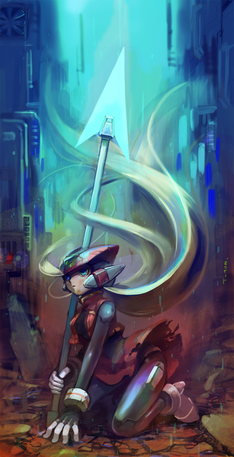 blue_eyes, bodysuit, fingerless_gloves, genderswap, gloves, helmet, highres, kneeling