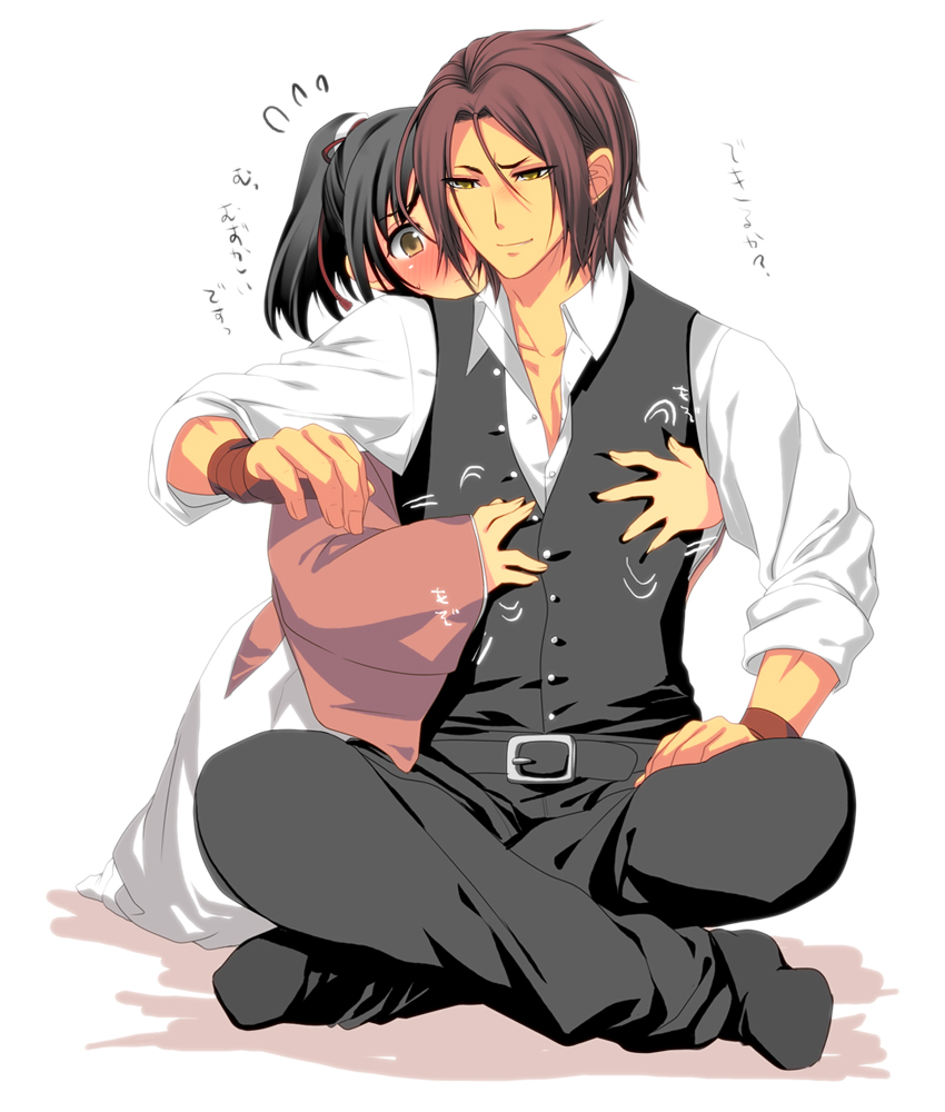 1girl, black_hair, blush, brown_hair, groping, hakuouki_shinsengumi_kitan, harada_sanosuke, hug