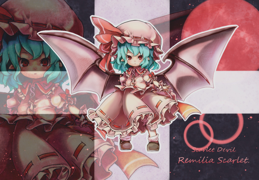 aqua_hair, bat_wings, chibi, child, full_moon, hat, hat_ribbon, hutaba123