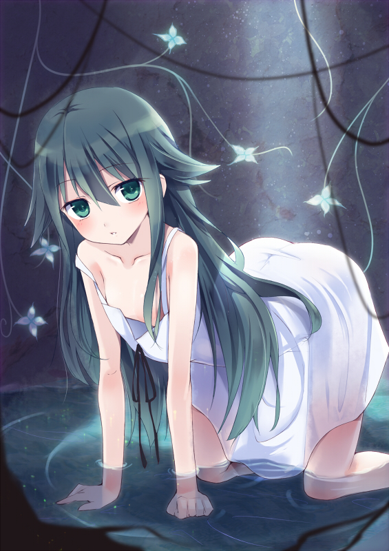 all_fours, bare_shoulders, blush, breasts, butterfly, censor_hair, cleavage, collarbone