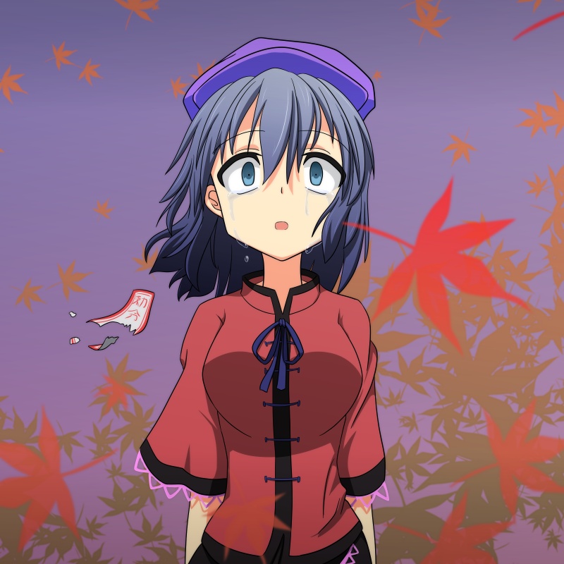 autumn_leaves, beret, blue_eyes, blue_hair, cato_(monocatienus), crying, crying_with_eyes_open, hat