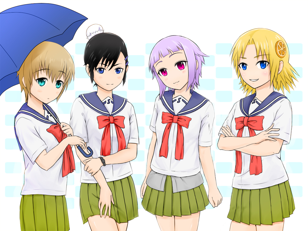 aqua_eyes, bad_id, black_hair, blonde_hair, blue_eyes, brown_hair, chama, fnc