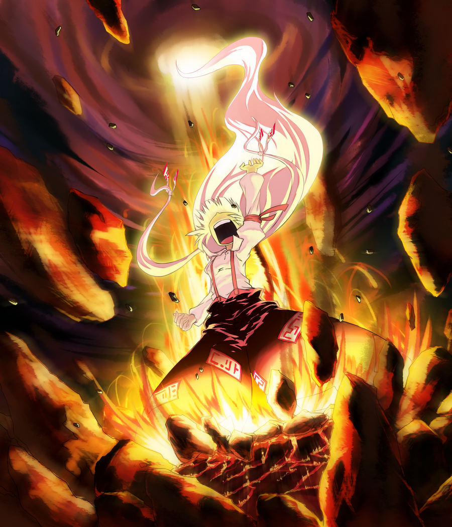 bow, epic, fire, fujiwara_no_mokou, hair_bow, long_hair, looking_up, open_mouth