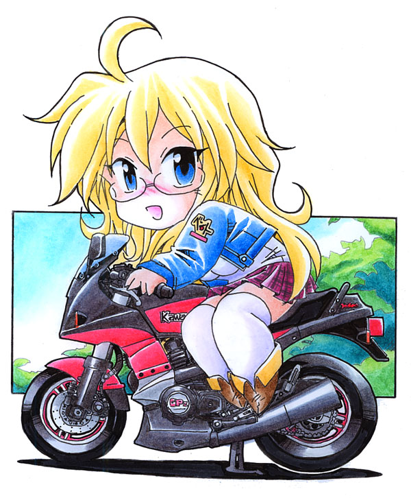 ben-tou, chibi, kawasaki, motor_vehicle, motorcycle, norio_(459factory), shaga_ayame, vehicle