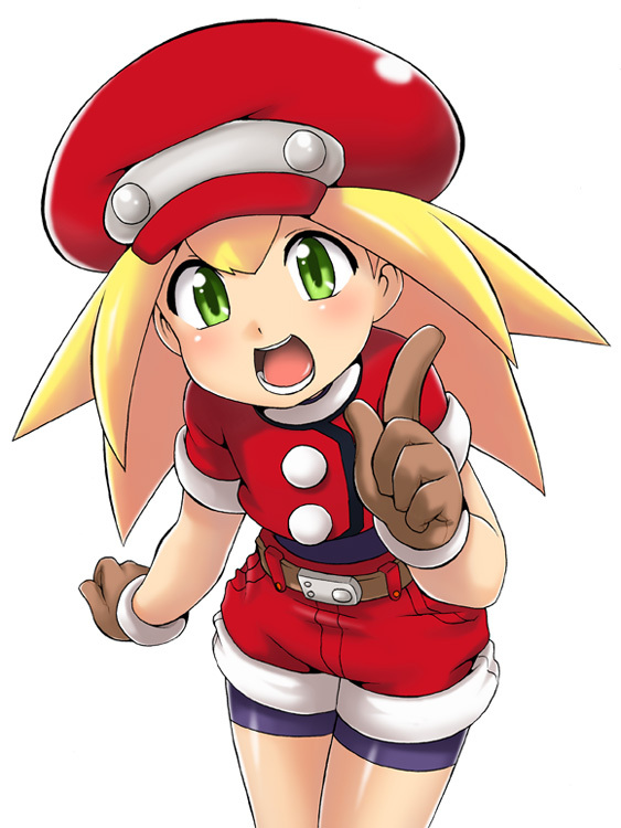 1girl, bike_shorts, blonde_hair, finger_raised, gloves, green_eyes, hat, open_mouth