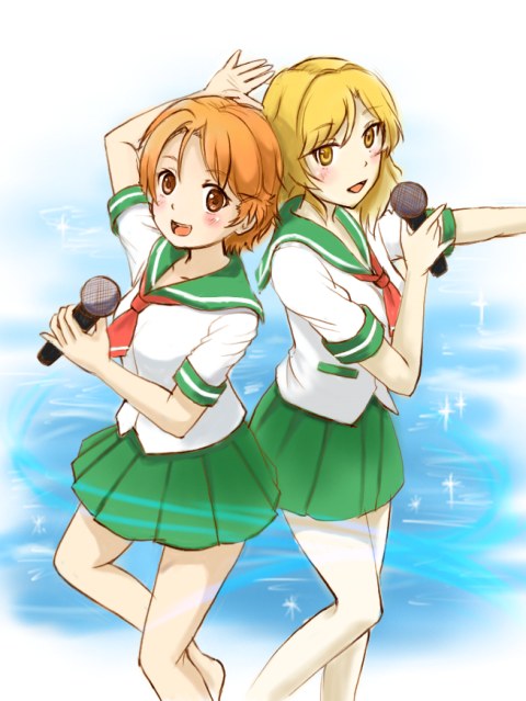 aizawa_natsumi, akihisa201, blonde_hair, female, long_hair, microphone, mizukoshi_saki, multiple_girls