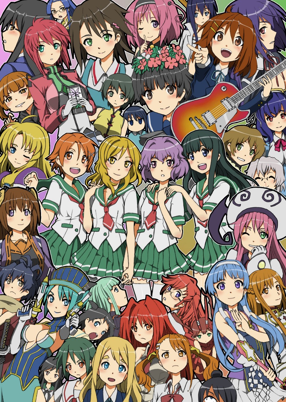 a_channel, aizawa_natsumi, anjou_naruko, ano_hi_mita_hana_no_namae_wo_bokutachi_wa_mada_shiranai, ano_natsu_de_matteru, arrester_blanket, asuka_hizuru, asuna_(sao), azarashing_day, beelzebub_(manga), blood, blue_rose_(tiger_&amp;_bunny), c_(control), chu-bra!!, corticarte_apa_lagranges, crossover, densetsu_no_yuusha_no_densetsu, ein_(phantom), fam_fan_fan, feldt_grace, ferris_eris, fight_ippatsu!_juuden-chan!!, flower, glasses, guitar, gundam, gundam_00, hanaki_yuka, hanamaru_youchien, highres, hiiragi_(hanamaru_youchien), hirasawa_yui, hyakka_ryouran_samurai_girls, ikeda_chitose, instrument, isurugi_noe, jinguuji_yako, k-on!, kannagi, kotobuki_minako, kotobuki_tsumugi, kunieda_aoi, kurokami_medaka, lala_satalin_deviluke, last_exile:_ginyoku_no_fam, manyuu_chifusa, manyuu_hikenchou, marui_hitoha, marui_mitsuba, mashu, mashu_(control), medaka_box, mitsudomoe, miyamori_kanon, mizukoshi_saki, momo_velia_deviluke, multiple_girls, murasame_sumika, nagi, natsuiro_kiseki, nishi_yuuko, nosebleed, pantyhose, phantom_of_inferno, sasameki_koto, school_uniform, seikon_no_qwaser, seiyuu_connection, serafuku, shinkyoku_soukai_polyphonica, smile, sphere_(band), sphere_(group), sword_art_online, takagaki_ayahi, takatsuki_ichika, tamaki_rinko, thigh-highs, thighhighs, tiger_&amp;_bunny, to_aru_kagaku_no_railgun, to_aru_majutsu_no_index, to_love-ru, tokugawa_sen, tomatsu_haruka, towa_no_quon, toyosaki_aki, true_tears, uiharu_kazari, umi_monogatari, wand, wink, yamanobe_tomo, yuru_yuri, zettai_ryouiki
