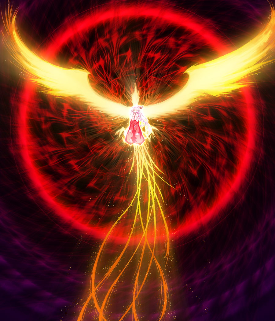 bird, bow, fire, fujiwara_no_mokou, hair_bow, long_hair, phoenix, sharp_(renweixia)