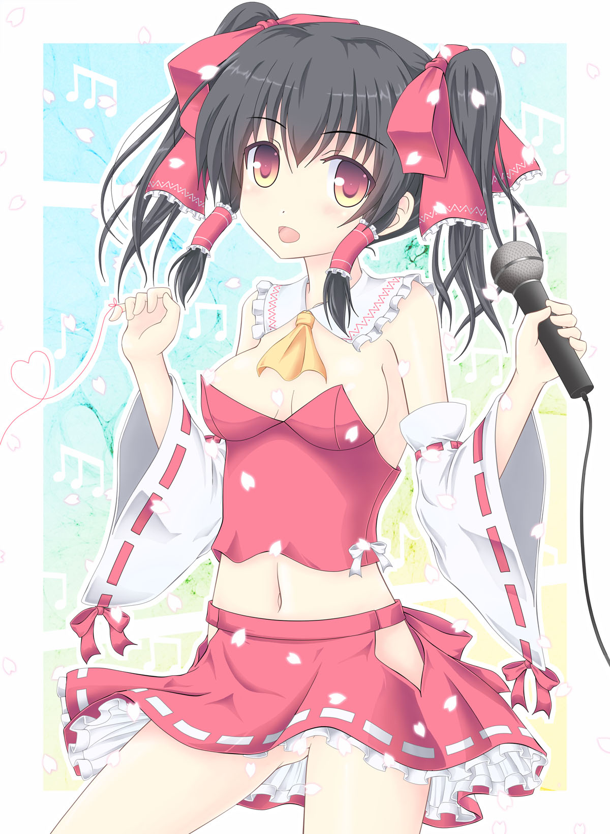 adapted_costume, ascot, bare_shoulders, black_hair, bow, breasts, brown_hair, censored