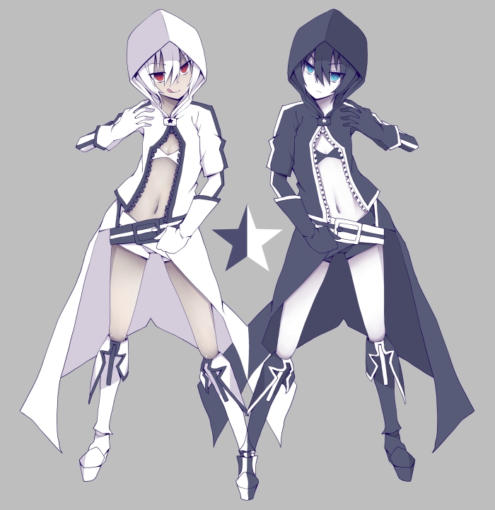 :q, bikini_top, black_hair, black_rock_shooter, black_rock_shooter_(character), black_rock_shooter_(game), black_vs_white, blue_eyes