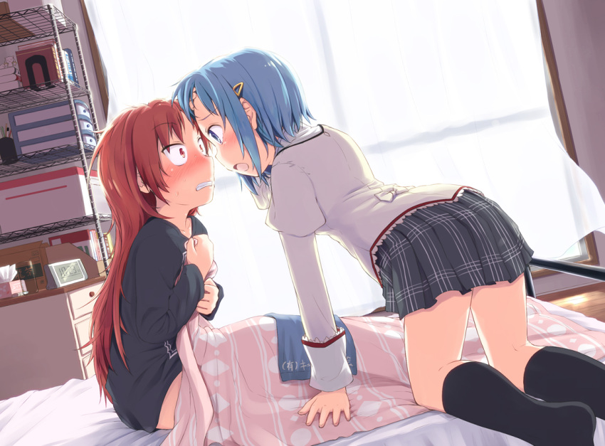 arm_support, bed, black_legwear, blanket, blue_eyes, blue_hair, blush, book
