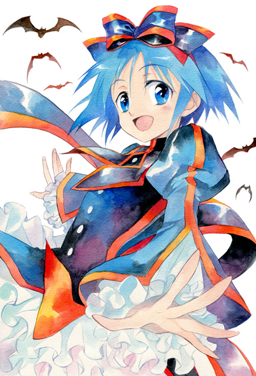 agahari, bat, blue_eyes, blue_hair, kuromajo-san_ga_tooru!!, kurotori_chiyoko, ribbon, smile