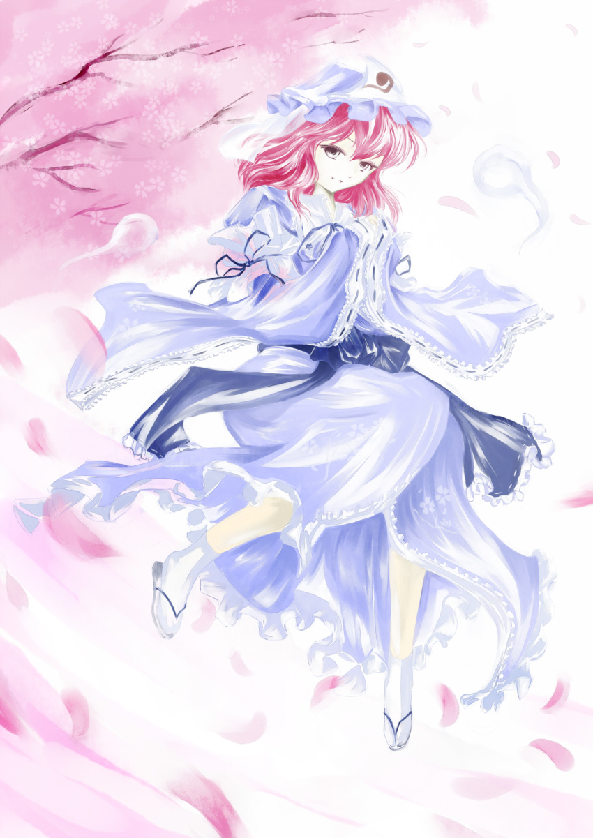 butterfly, cherry_blossoms, f_kz, ghost, hat, highres, hitodama, japanese_clothes, petals, pink_eyes, pink_hair, ribbon, saigyouji_yuyuko, short_hair, smile, solo, touhou, triangular_headpiece