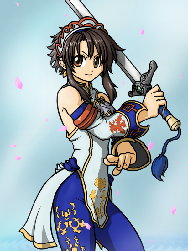 1girl, bare_shoulders, brown_eyes, brown_hair, capri_pants, chai_xianghua, chinese_clothes, detached_sleeves, earrings, fighting_stance, headdress, jewelry, nigtouab, payot, solo, soul_calibur, soulcalibur, soulcalibur_ii, sword, tassel, weapon