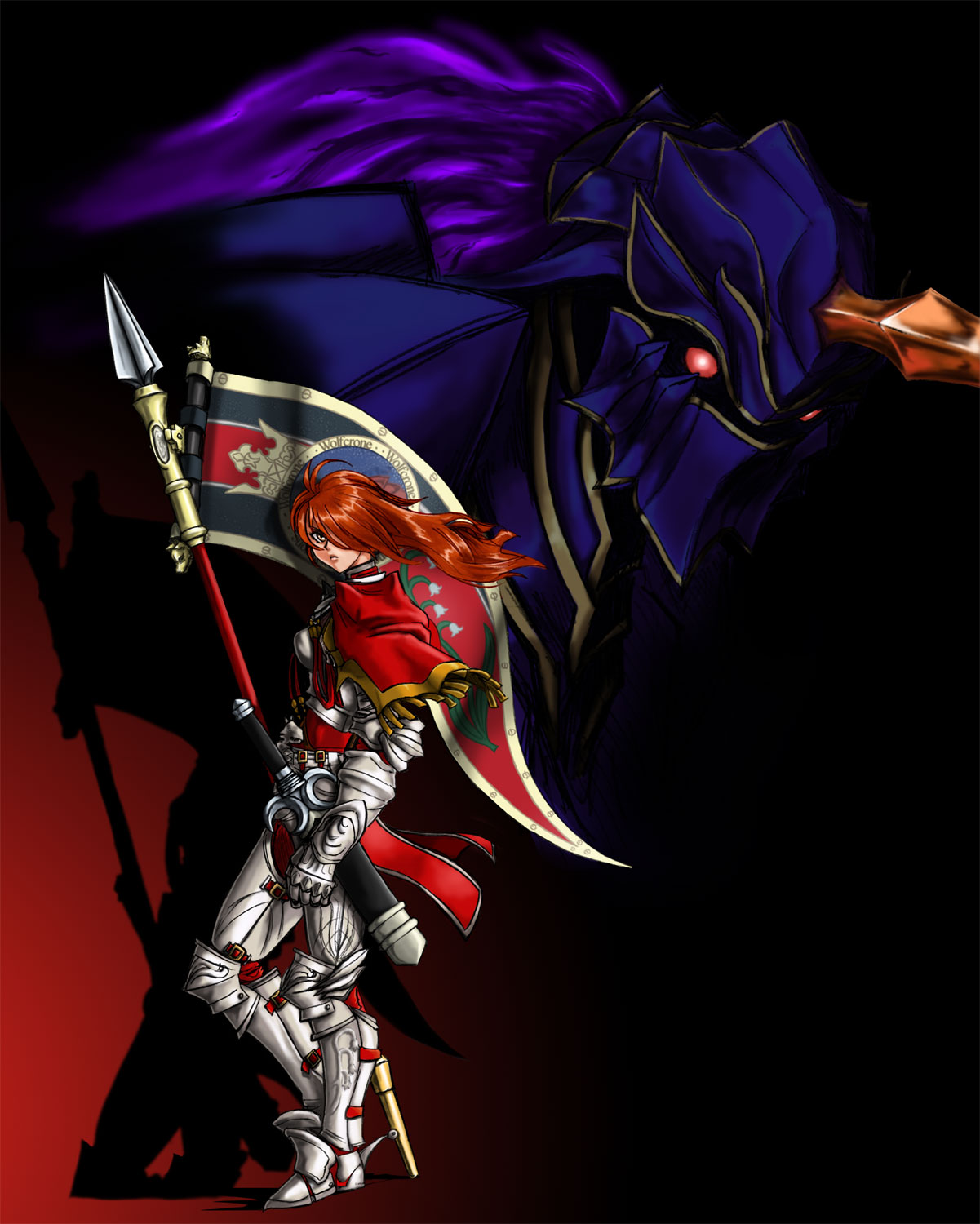 armor, banner, brown_eyes, full_armor, gauntlets, glowing, glowing_eyes, greaves