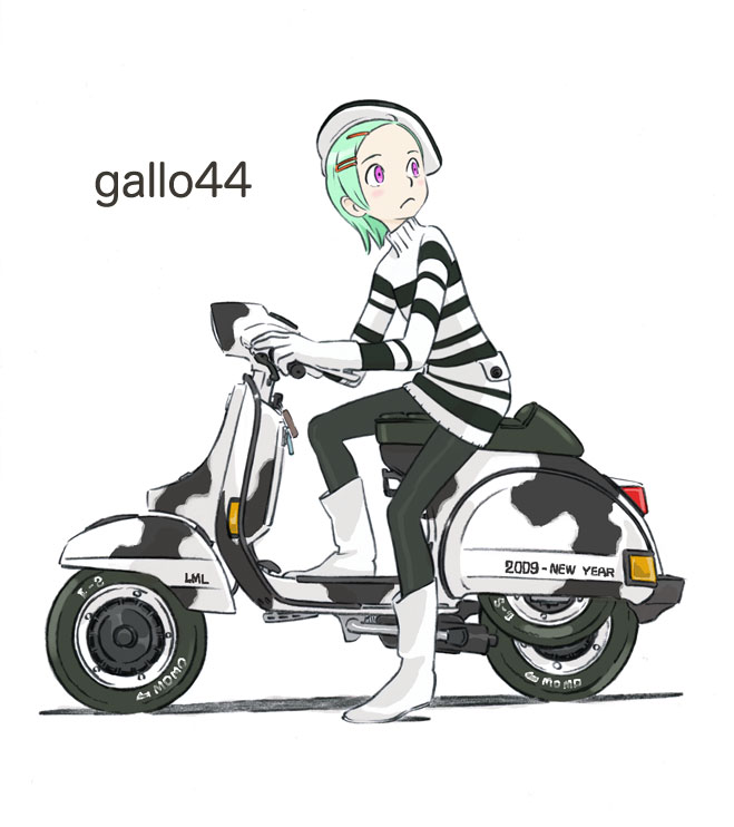 aqua_hair, beret, boots, chinese_new_year, cow_print, eureka, eureka_seven, eureka_seven_(series), frown, gloves, hair_ornament, hairclip, hat, motor_vehicle, new_year, pantyhose, purple_eyes, scooter, short_hair, sitting, striped, vehicle, vespa, violet_eyes, yoshida_ken'ichi, yoshida_ken'ichi