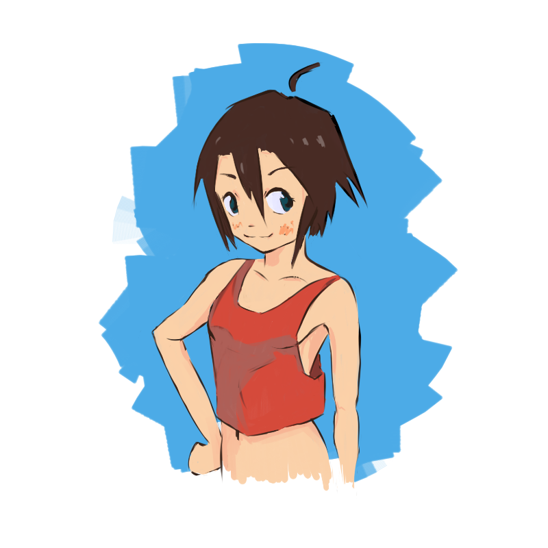 ahoge, blue_background, brown_hair, green_eyes, original, rockmor, short_hair, smile