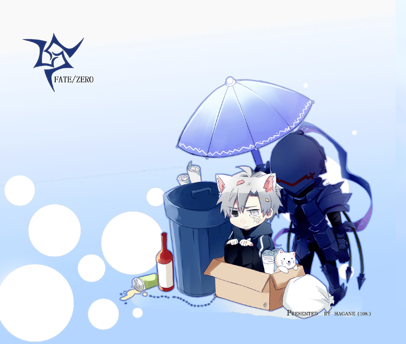armor, berserker_(fate/zero), box, chibi, command_spell, dog, fate/zero, fate_(series)
