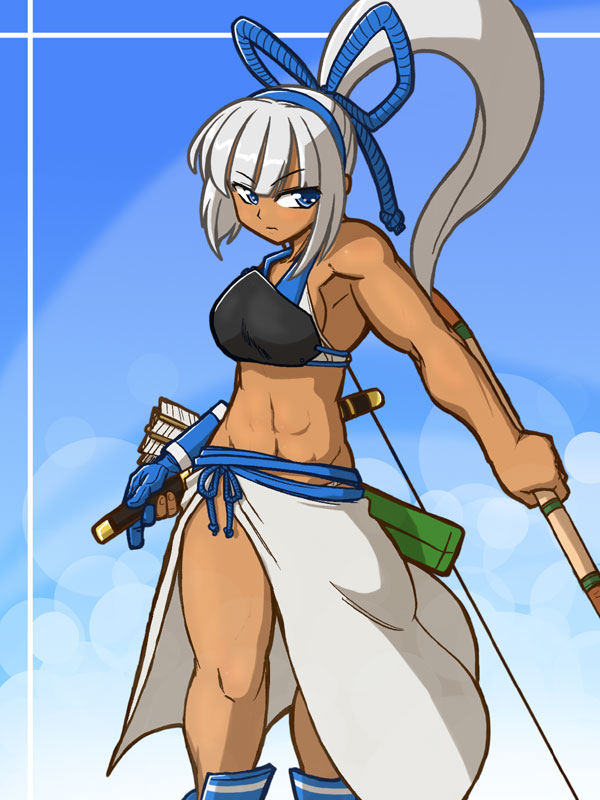 abs, archery, armpits, blue_eyes, bow_(weapon), breasts, dark_skin, hair_ribbon, hairband, kyuudou, long_hair, majikina_mina, muneate, nigtouab, ponytail, ribbon, samurai_spirits, sarong, short_sword, sideboob, single_glove, snk, solo, swimsuit, sword, toned, weapon, white_hair