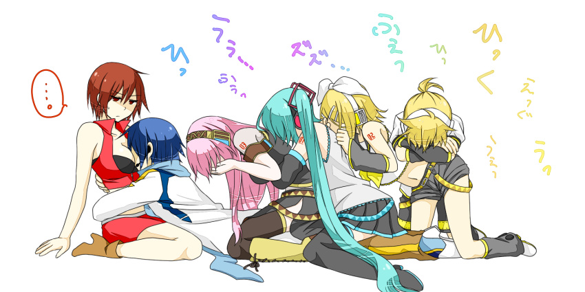 bare_shoulders, blonde_hair, boots, bra, breast_smother, breasts, brown_hair, hair_ornament