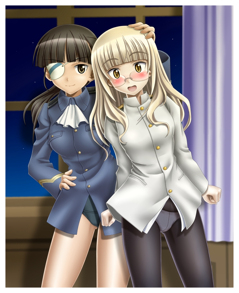 bangs, black_hair, black_legwear, black_pantyhose, blonde_hair, blunt_bangs, blush, cosplay